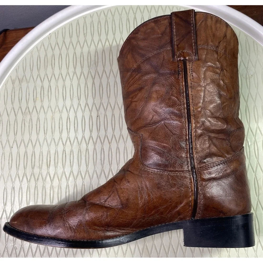 Justin Leather Youth Boy Brown Cowboy Distressed Rodeo‎ Riding Boots Sz.4D